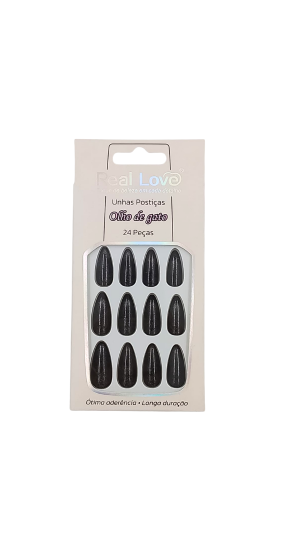 REAL LOVE UNHAS POSTIÇAS OLHO DE GATO PRETO C/ CINZA C/24 PCS 
